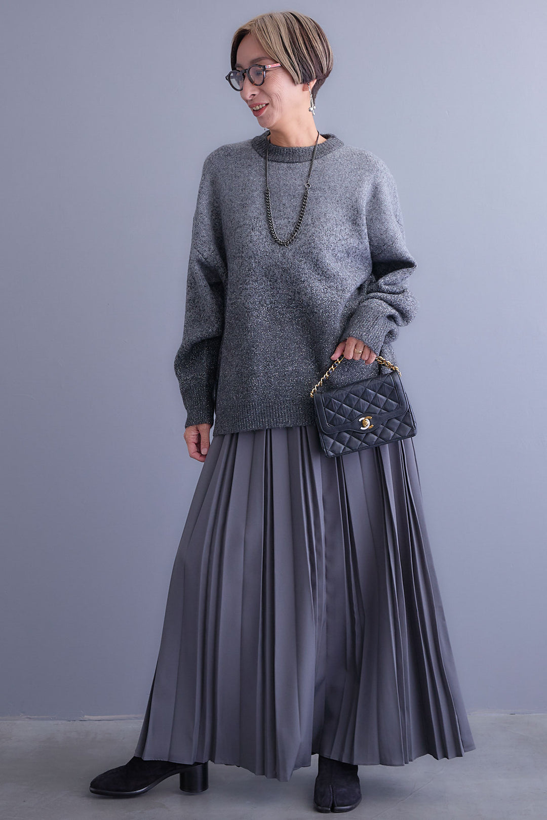 【SET】グラデーションラメクルーネックニット+ダブルプリーツロングスカート(2set)