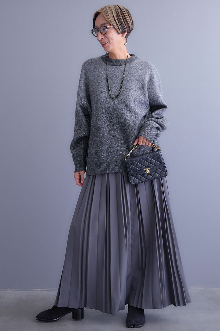【SET】グラデーションラメクルーネックニット+ダブルプリーツロングスカート(2set)