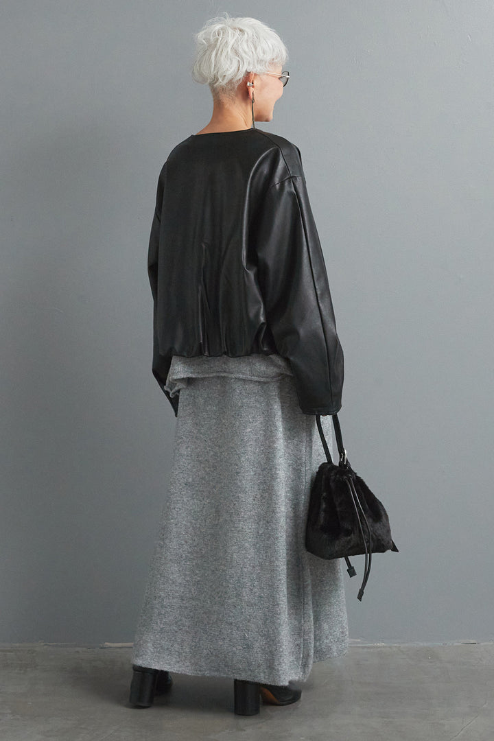 【SET】ビジューニットセットアップ+ラウンドシルエットエコレザーノーカラージャケット(2set)