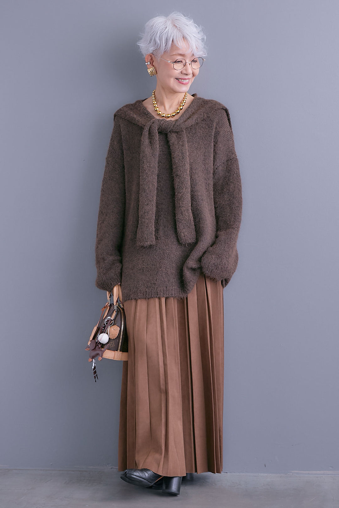 【SET】カーデケープVネックニット+スエードロングプリーツスカート(2set)