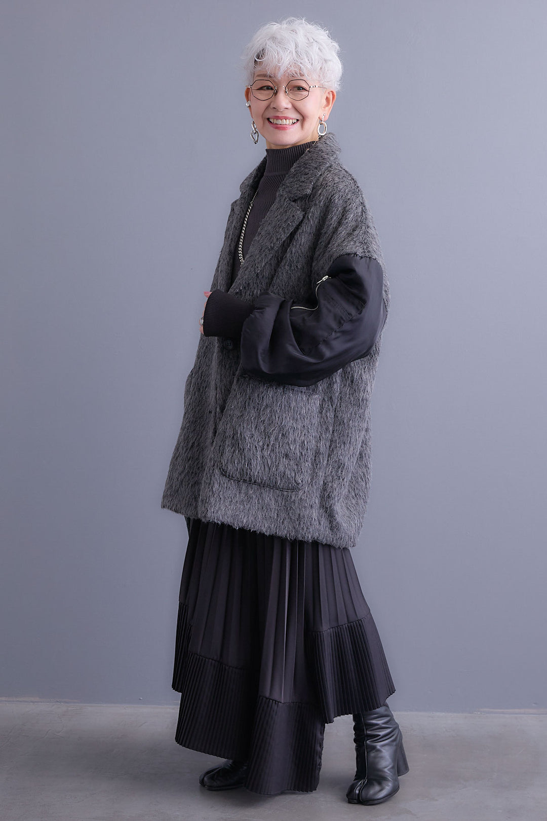 【新色追加】【SET】アシンメトリーオーバーニット+チュールレイヤードMA-1シャギーオーバーコート+アシンメトリープリーツスカート(3set)