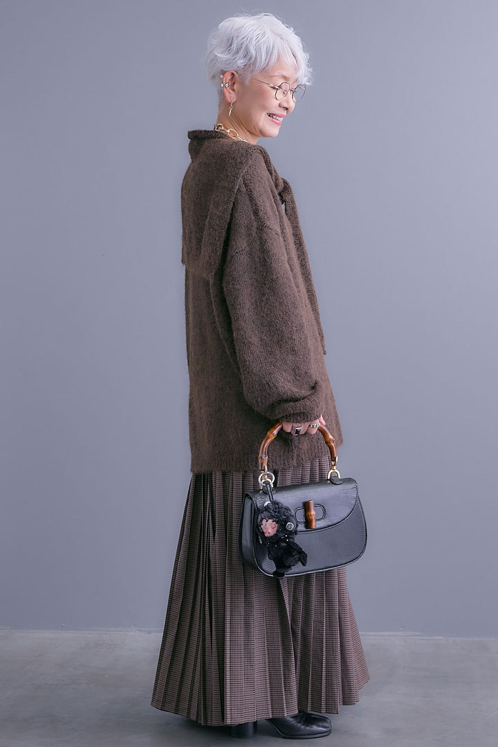 【SET】カーデケープVネックニット+グレンチェックプリーツスカート(2set)