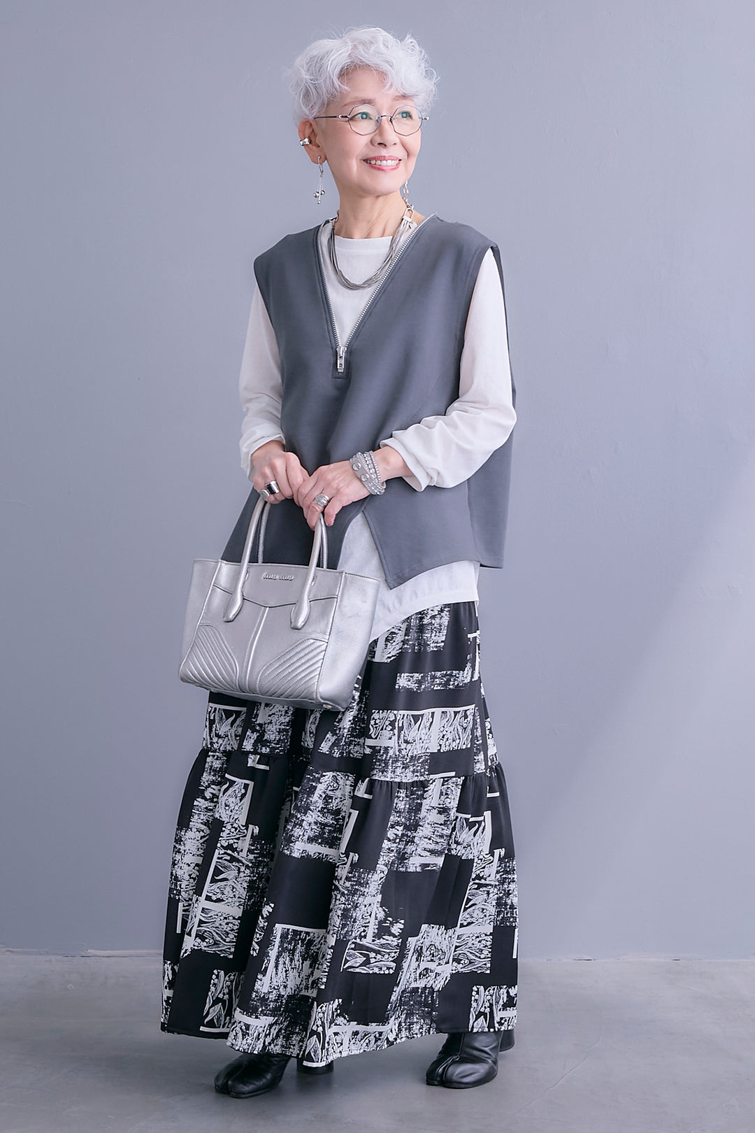 【SET】ZIPオープンVネックベスト+アシメロンT+スズランモノトーンフレアスカート(2set)