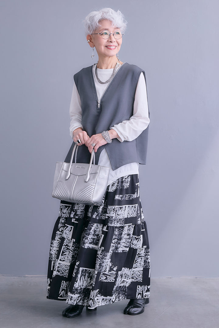 【SET】ZIPオープンVネックベスト+アシメロンT+スズランモノトーンフレアスカート(2set)