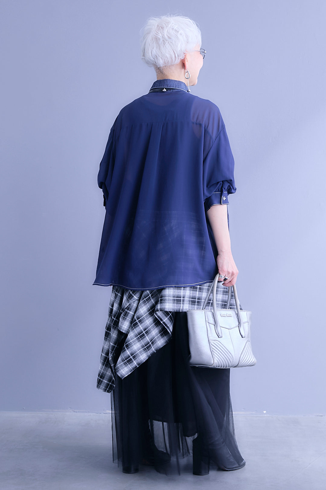 【SET】デニム×シフォンパフスリーブシャツ+チェックスカーフドッキングチュールスカート(2set)