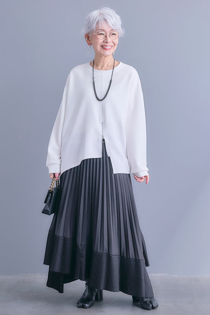 【SET】アシメリングZIPデザインプルオーバー+アシンメトリープリーツスカート(2set)