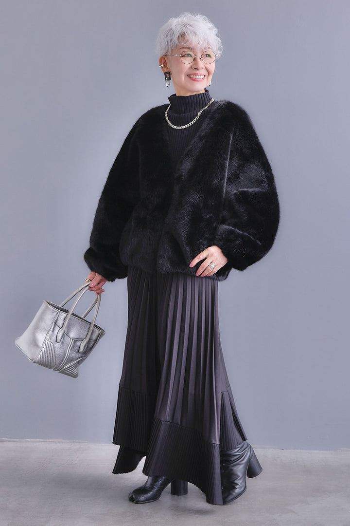 【SET】ボリュームスリーブハイネックリラクシーニット+ノーカラーラウンドシルエットファーコート+アシンメトリープリーツスカート(3set)