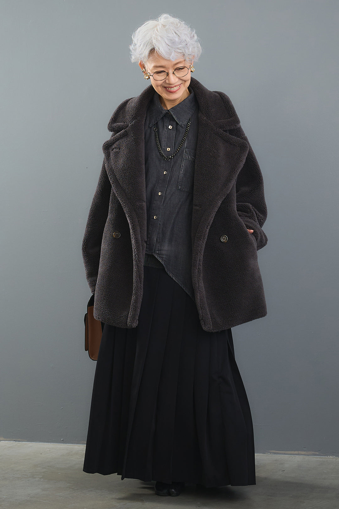 【SET】ヴィンテージアシンメトリーデニムシャツ+テディボアミディコート+デニムドッキングプリーツスカート(3set)