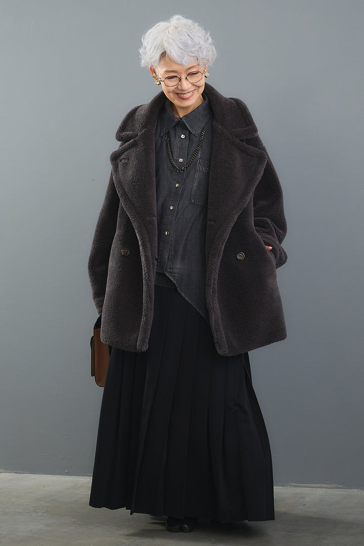 【SET】ヴィンテージアシンメトリーデニムシャツ+テディボアミディコート+デニムドッキングプリーツスカート(3set)