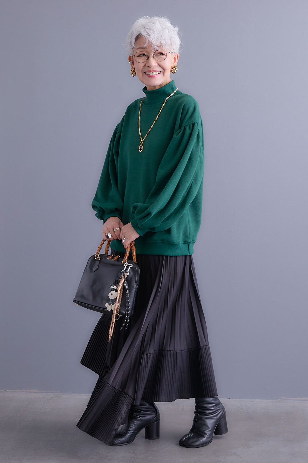 【SET】ボリュームスリーブモックネックプルオーバー+アシンメトリープリーツスカート(2set)