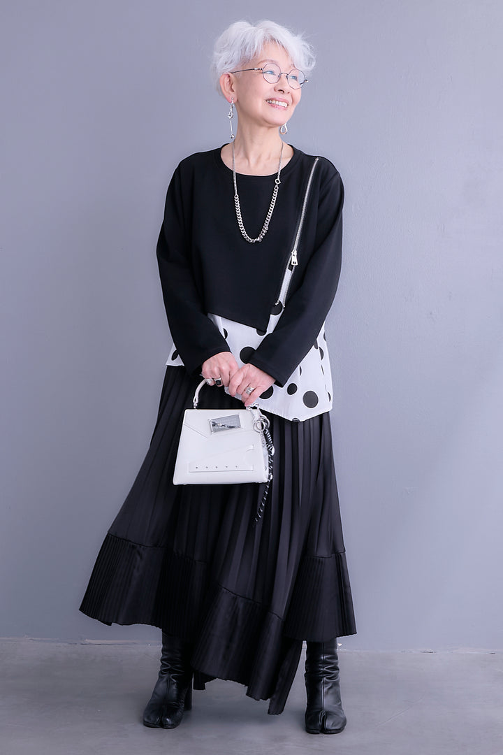 【SET】ドット×アシンメトリーZIPデザイントップス+アシンメトリープリーツスカート(2set)