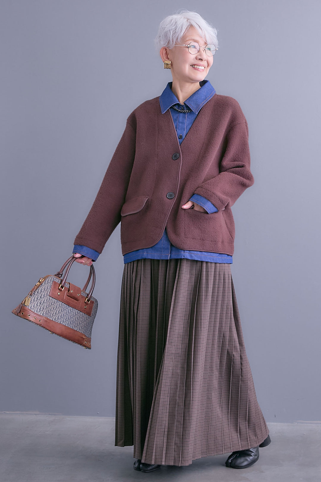 【SET】デニムレイヤードデザインカーディガン+グレンチェックプリーツスカート(2set)