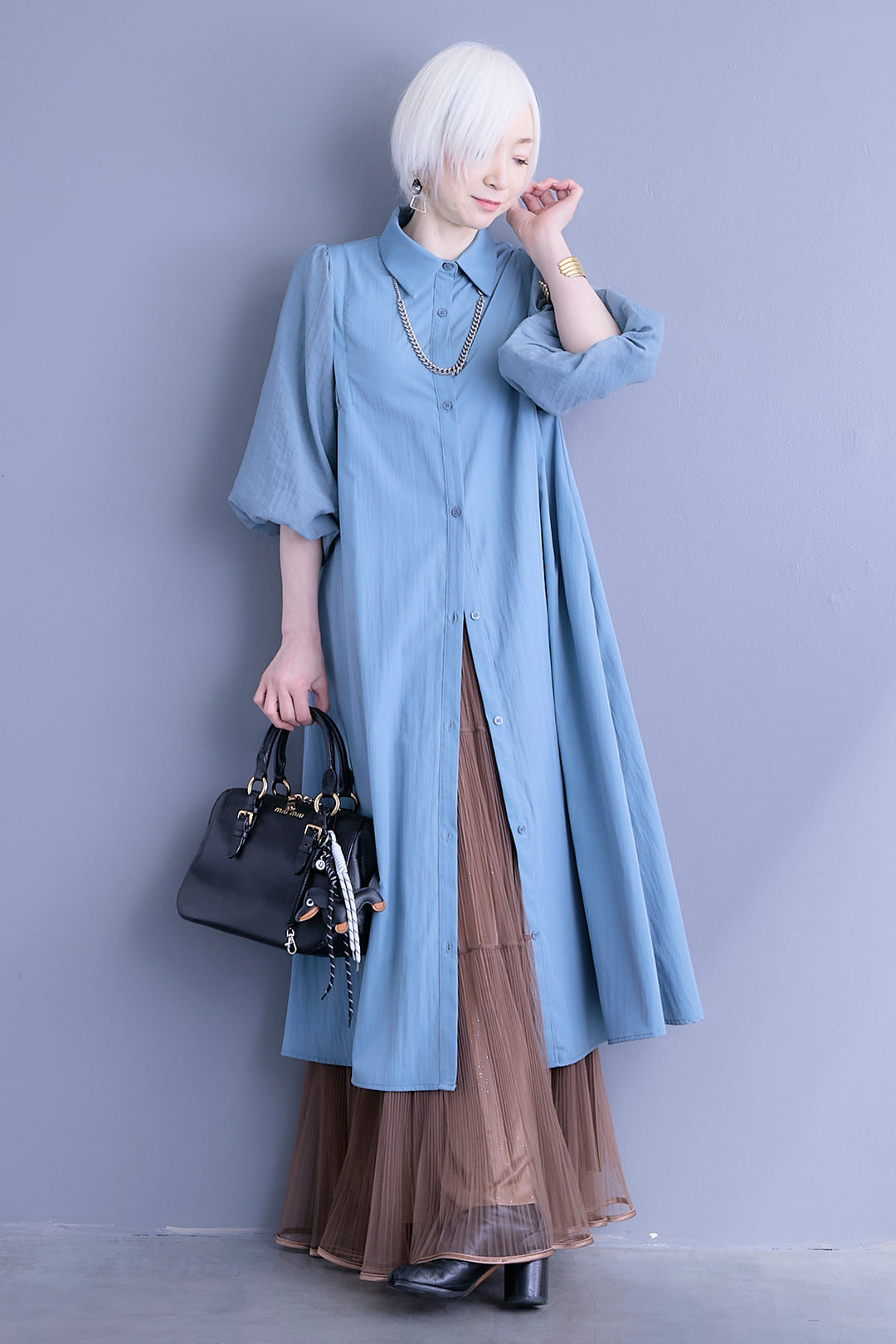 【SET】バルーンスリーブシャツワンピース+2WAYラメサテンプリーツ×シアーティアードチュールスカート(2set)