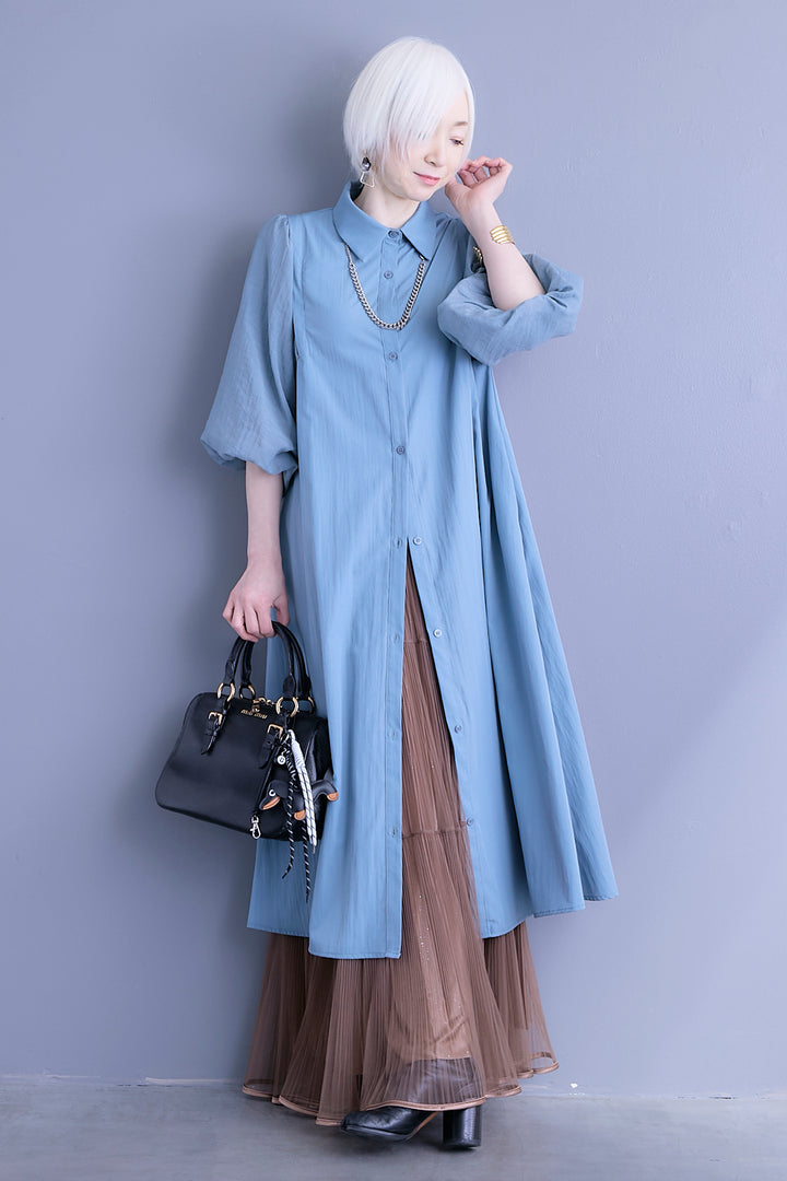 【SET】バルーンスリーブシャツワンピース+2WAYラメサテンプリーツ×シアーティアードチュールスカート(2set)