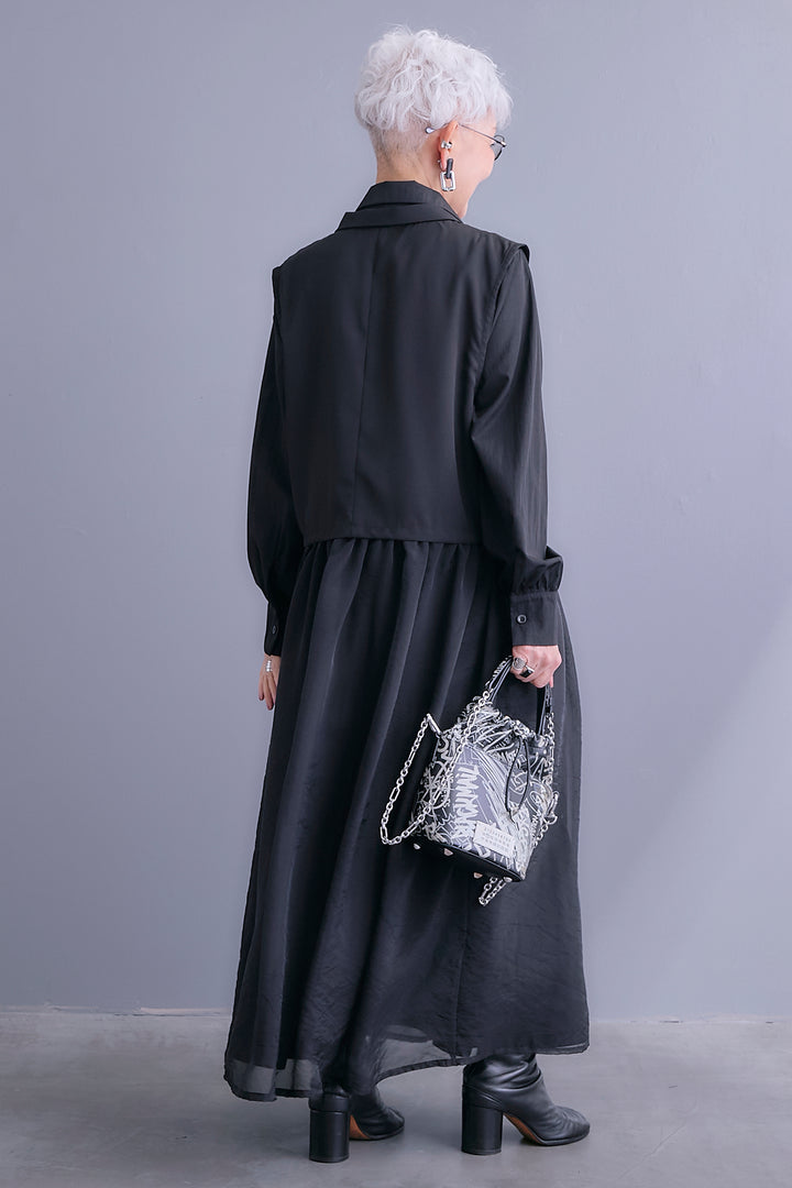 【SET】シアーオーガンジージャケットベスト+コードキーネックシャーリングデザインワンピース(2set)