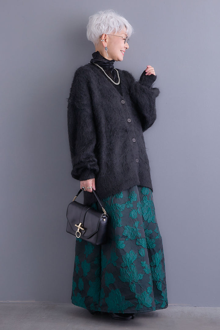 【SET】クラッシュベロアハイネックシアートップス+シャギーVネックニットカーディガン+ジャガードフラワースカート(3set)