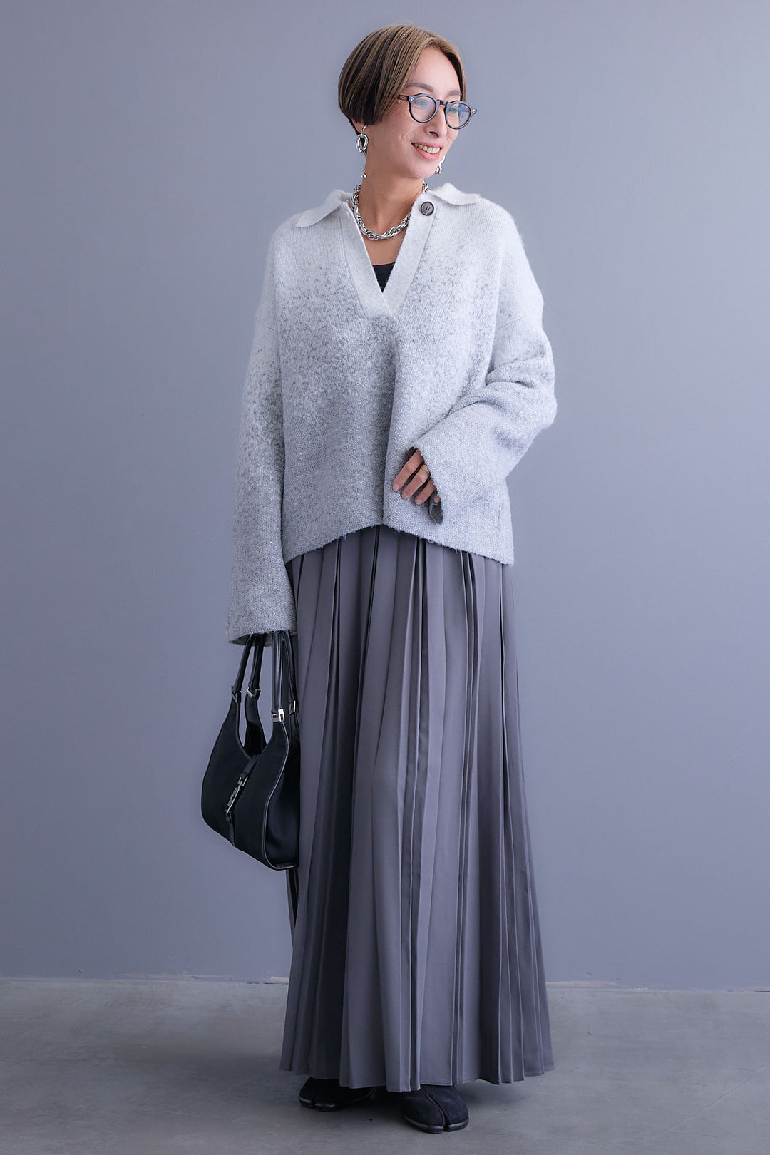 【SET】グラデーションラメキーネックニット+ダブルプリーツロングスカート(2set)