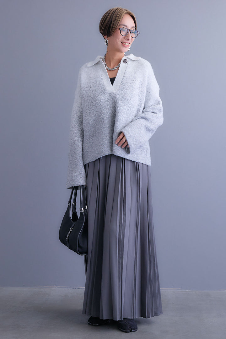 【SET】グラデーションラメキーネックニット+ダブルプリーツロングスカート(2set)