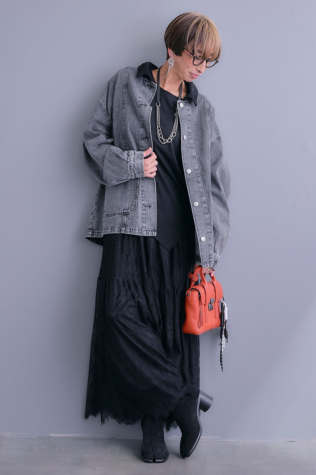 【SET】コーデュロイカラー10ozデニムジャケット+アシンメトリーロンT+アイラッシュレースロングスカート(3set)