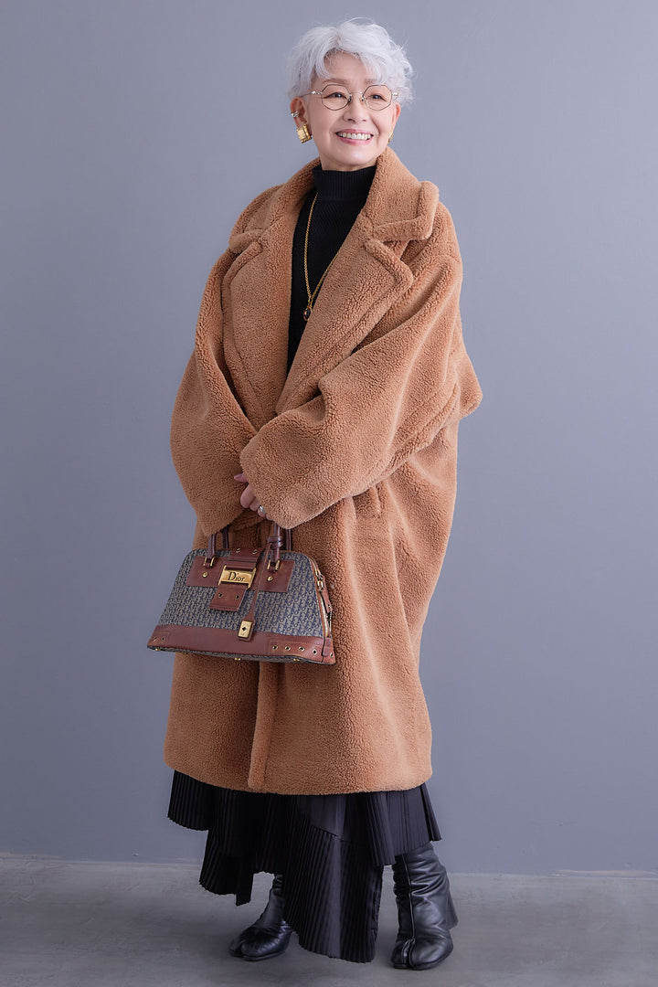 【SET】アシンメトリーオーバーニット+テディボアロングコート+アシンメトリープリーツスカート(3set)