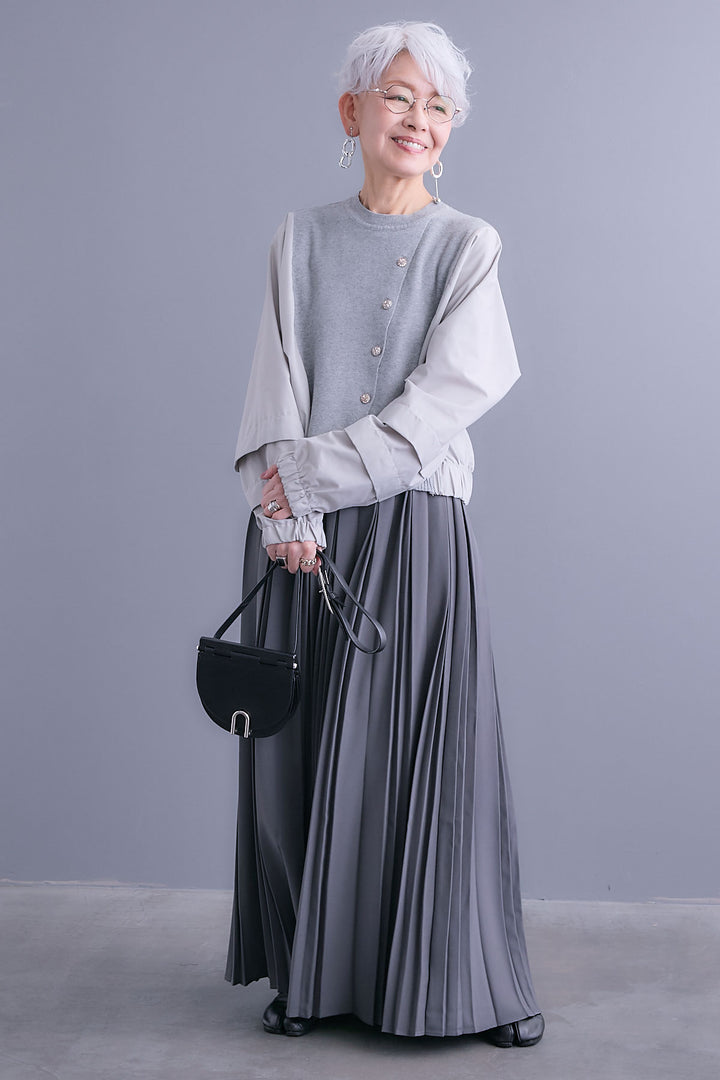 【SET】タックスリーブシャツニットコンビプルオーバー+ダブルプリーツロングスカート(2set)