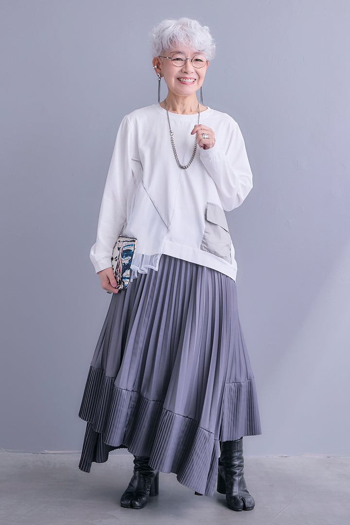 【SET】チュールギャザーアシメポケットプルオーバー+アシンメトリープリーツスカート(2set)