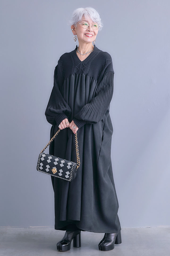 【予約】コーデュロイ×ニットコンビキーネックワンピース