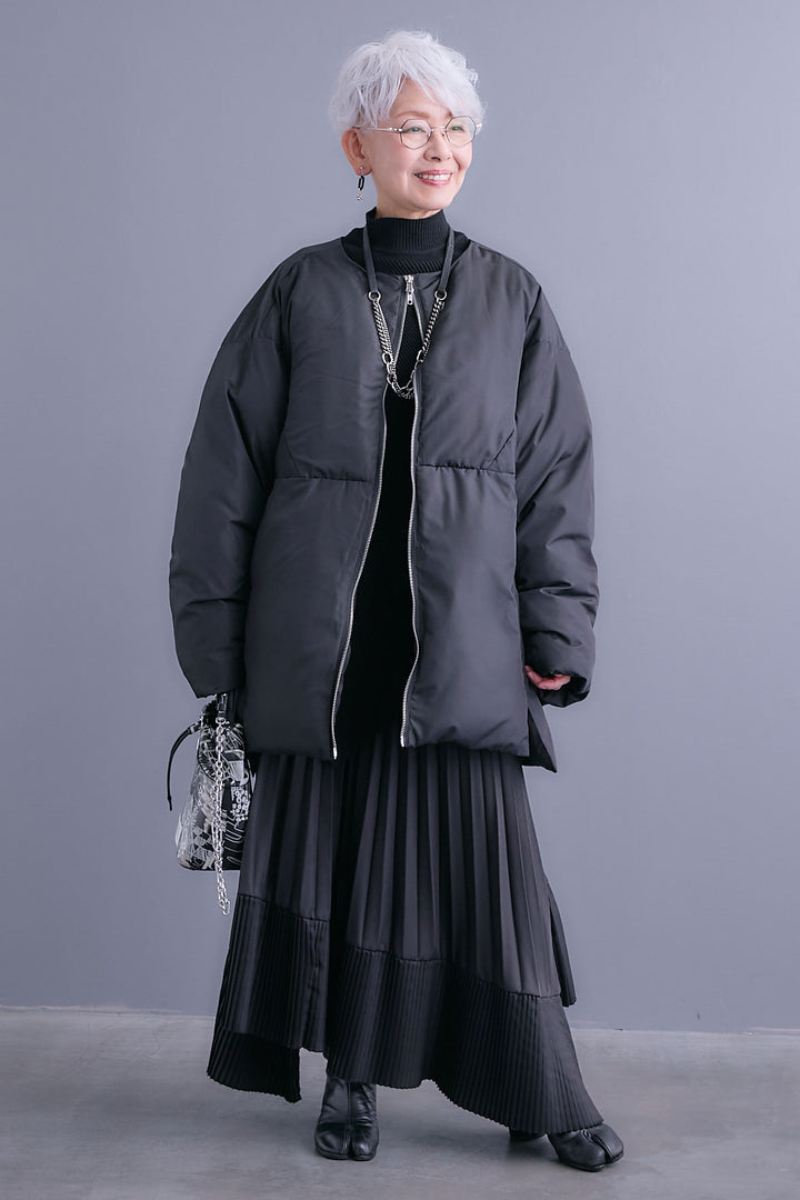 【SET】アシンメトリーオーバーニット+ファイバーダウンシェルジャケット+アシンメトリープリーツスカート(3set)