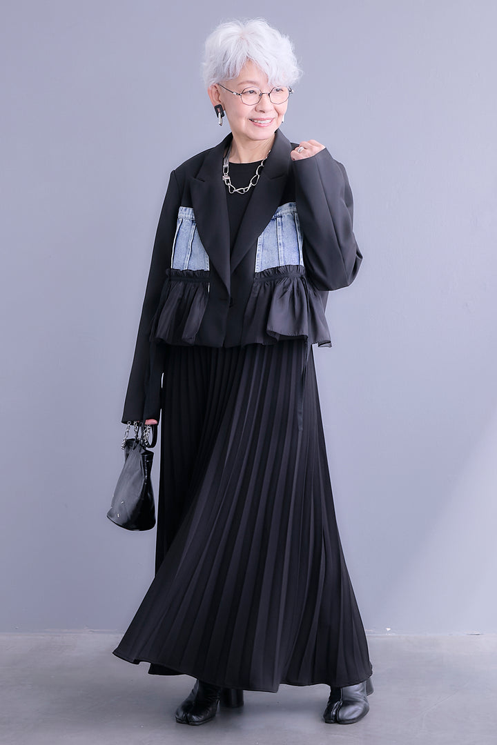 【SET】デニムドッキングショートジャケット+プリーツストレッチロングワンピース(2set)