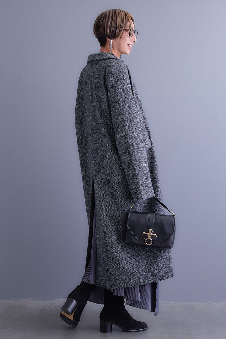 【SET】アシンメトリーオーバーニット+ツイードロングチェスターコート+アシンメトリープリーツスカート(3set)