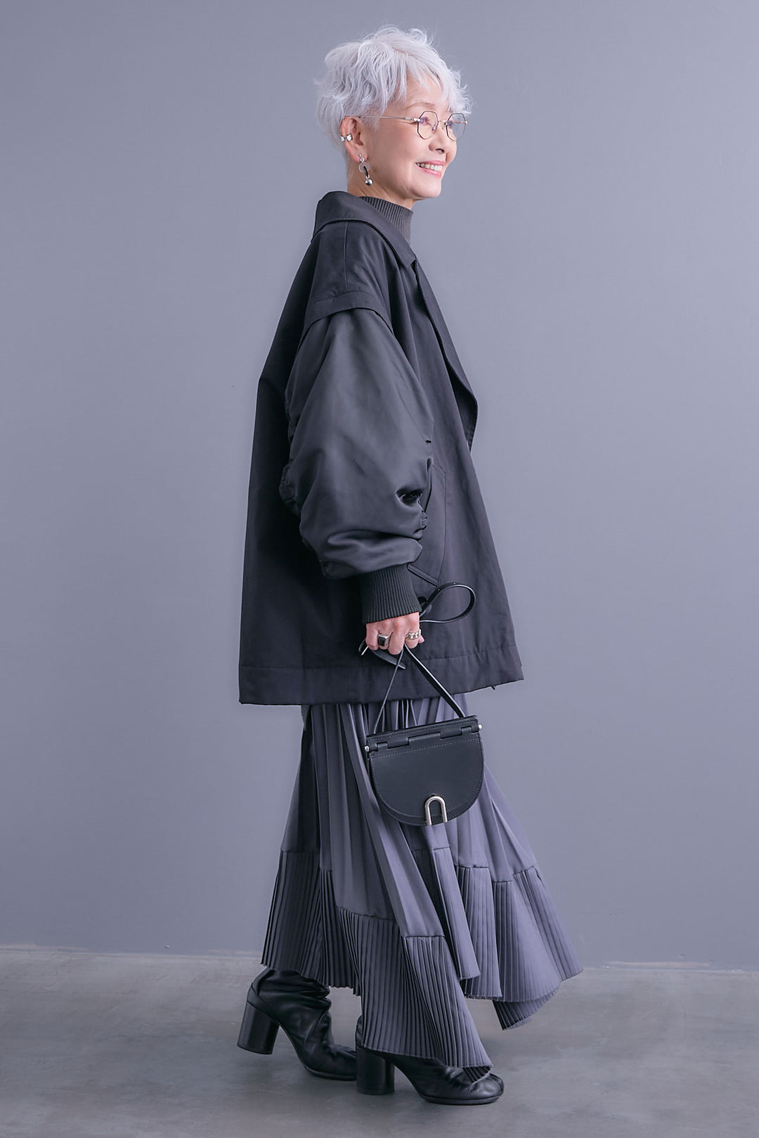 【SET】アシンメトリーオーバーニット+シャーリングMA-1オーバートレンチ【2WAY】+アシンメトリープリーツスカート(3set)