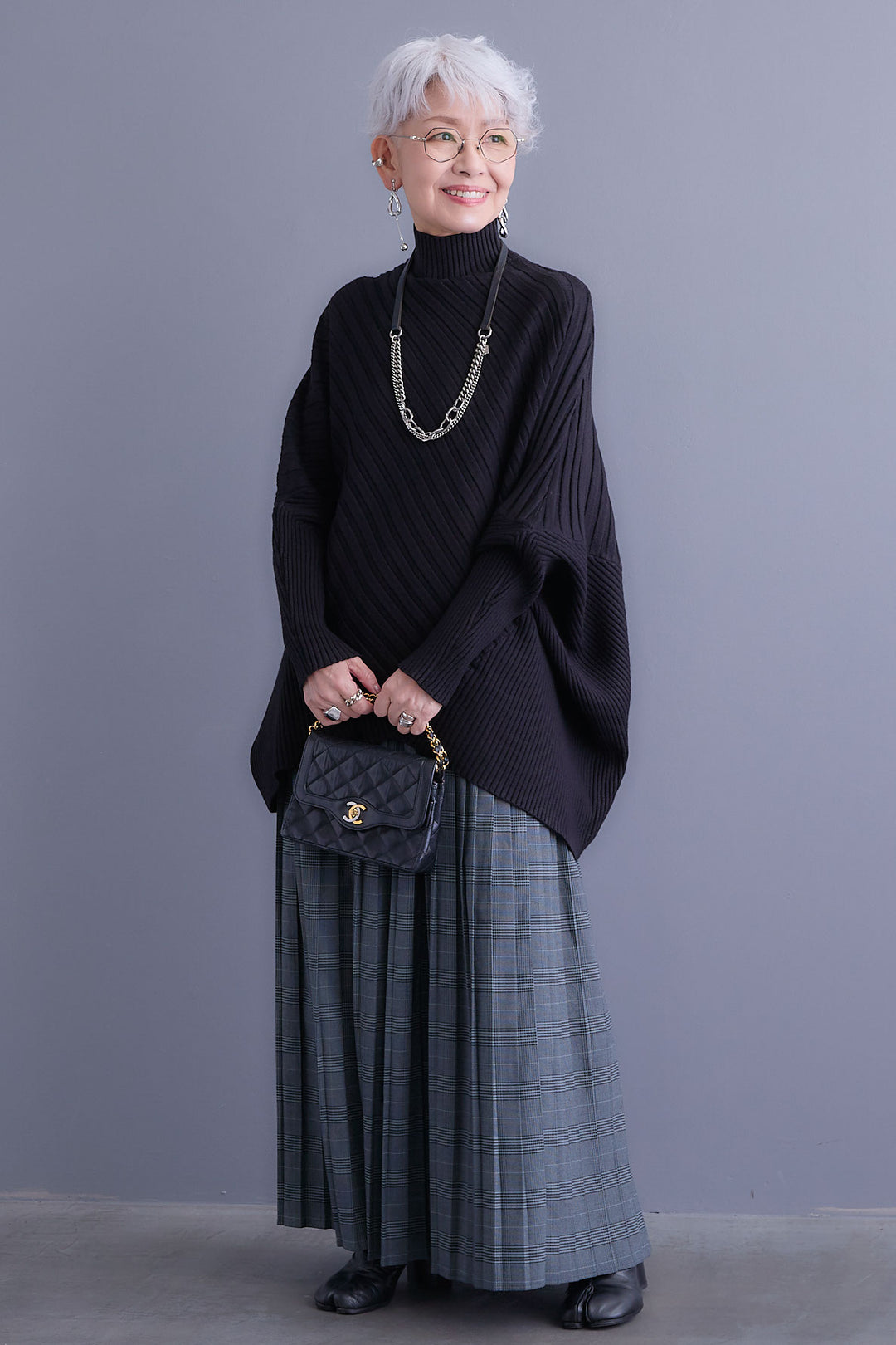 【SET】ワイドリブドルマンニット+グレンチェックプリーツスカート(2set)