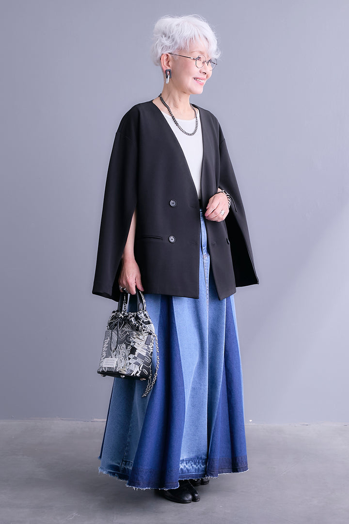 【SET】ZIPスリーブケープライク2WAYジャケット+プリーツタックデニムスカート(2set)