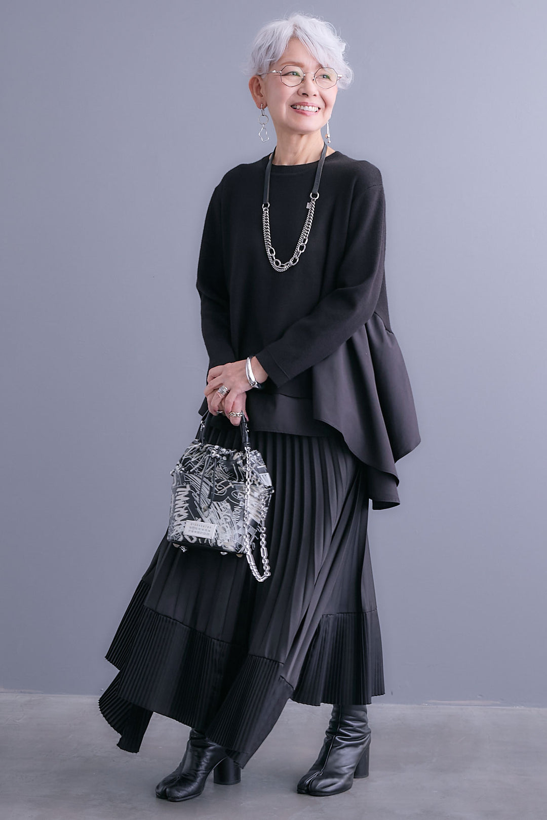 【SET】アシンメトリードレープレイヤードニット+アシンメトリープリーツスカート(2set)