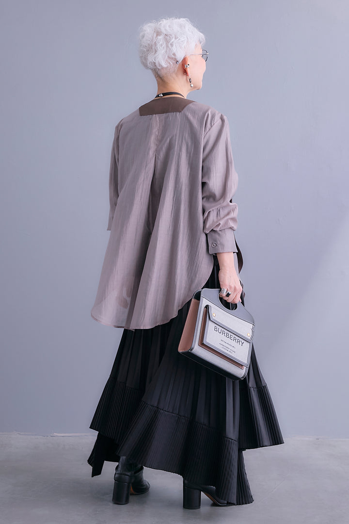 【SET】シアーシャツドッキングジャケット+アシンメトリーロンT+アシンメトリープリーツスカート(3set)