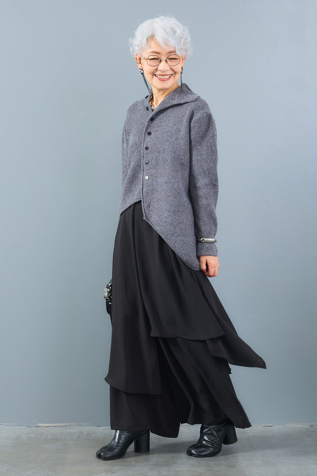 【SET】アシメハイネックボタンニット+アシメレイヤードワイドパンツ(2set)