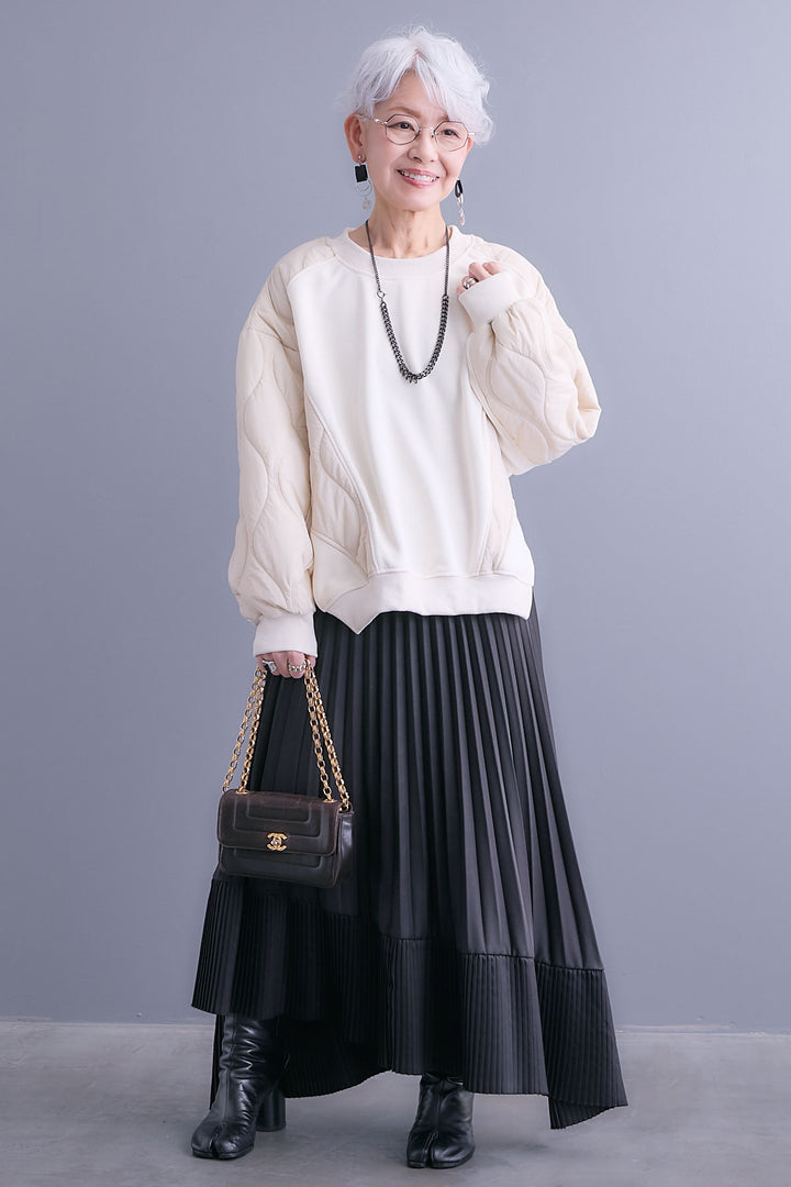 【SET】キルティングドッキングデザインプルオーバー+アシンメトリープリーツスカート(2set)