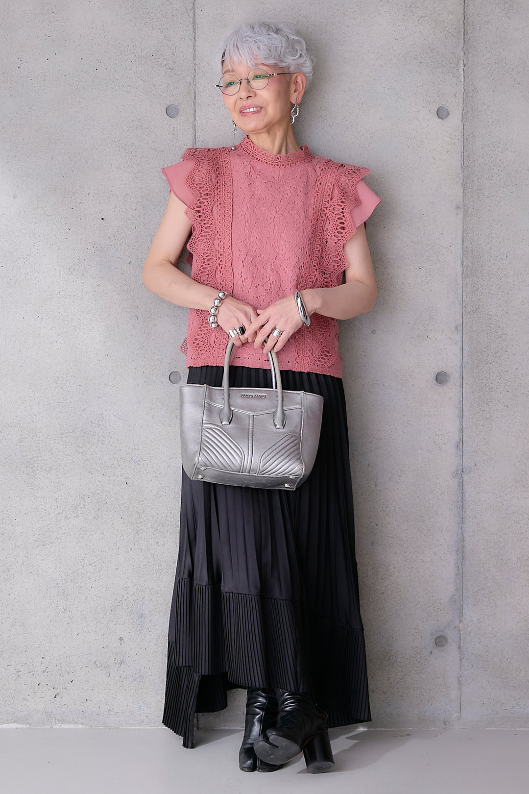 【SET】接触冷感スタンドカラーフレンチスリーブレースブラウス+アシンメトリープリーツスカート(2set)