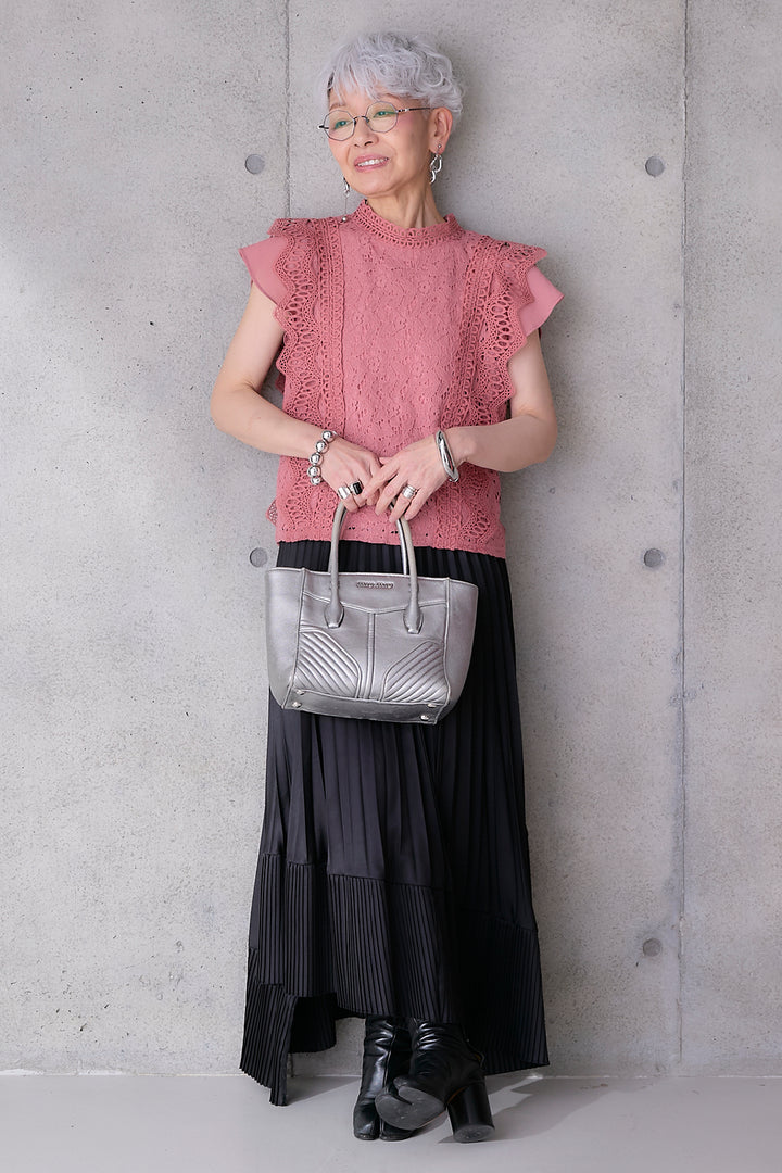 【SET】接触冷感スタンドカラーフレンチスリーブレースブラウス+アシンメトリープリーツスカート(2set)