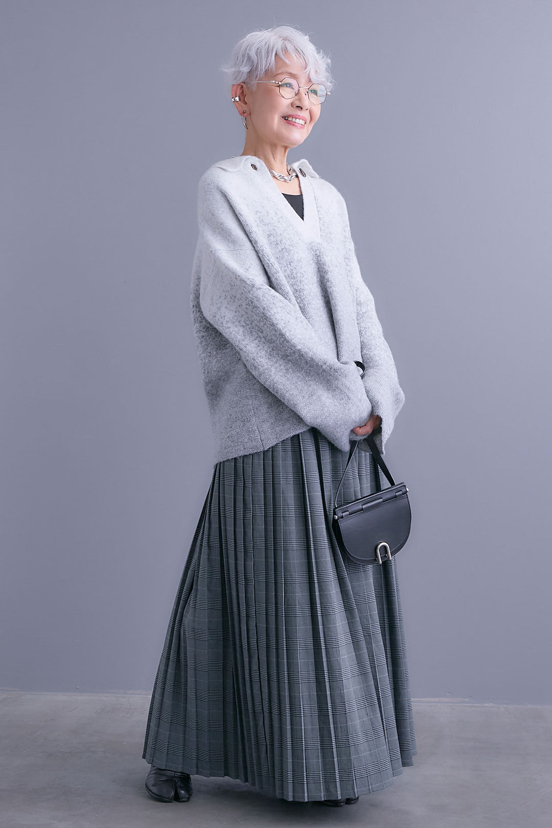 【SET】グラデーションラメキーネックニット+グレンチェックプリーツスカート(2set)