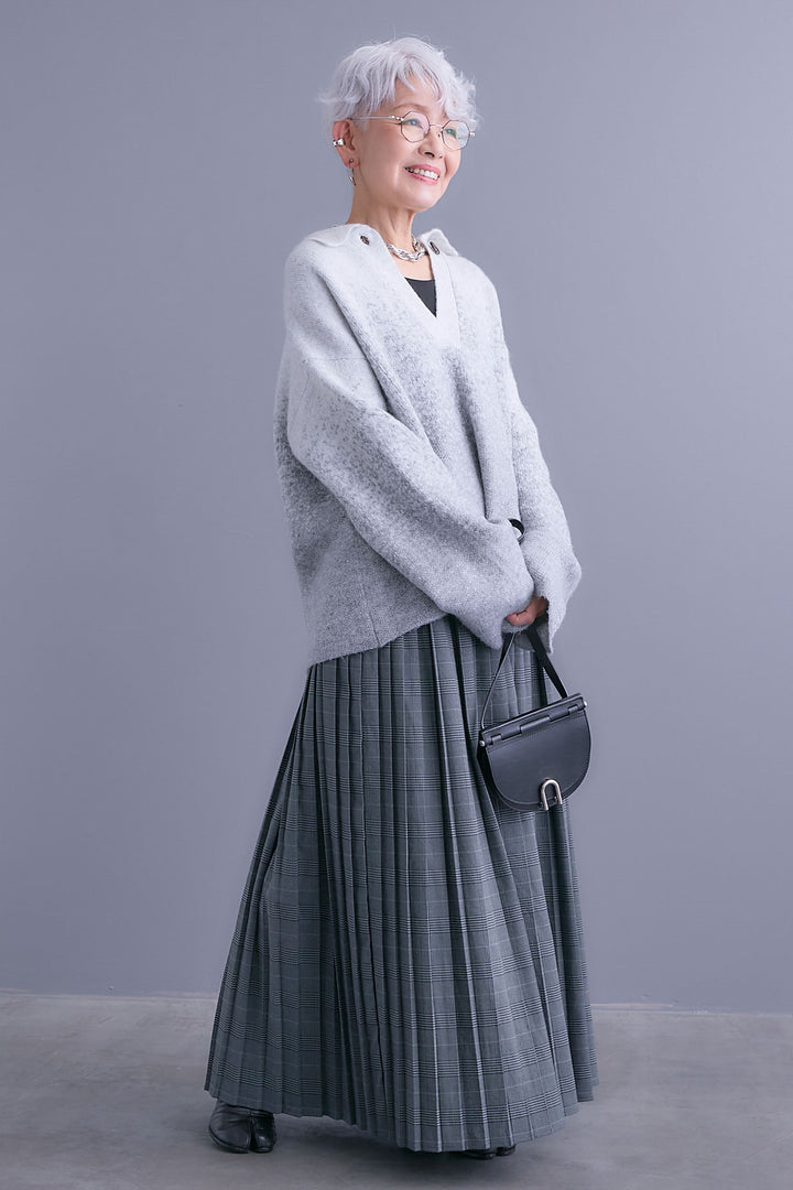 【SET】グラデーションラメキーネックニット+グレンチェックプリーツスカート(2set)