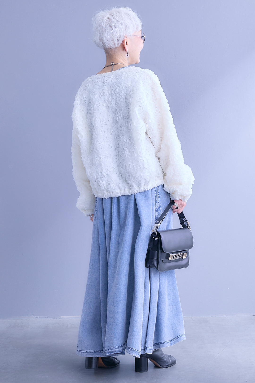 【SET】フラワーモチーフジップアップブルゾン+パウダーシルクヴィンテージデニムワンピース(2set)