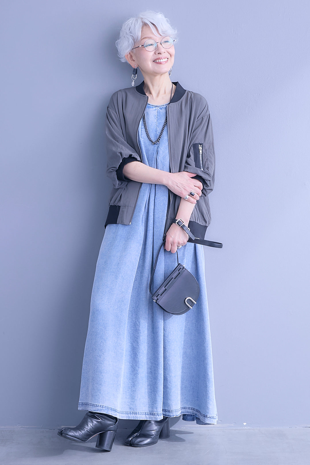 【SET】バルーンハーフスリーブMA-1ジャケット+パウダーシルクヴィンテージデニムワンピース(2set)