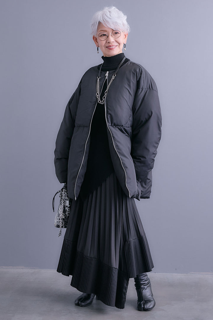 【SET】アシンメトリーオーバーニット+ファイバーダウンシェルジャケット+アシンメトリープリーツスカート(3set)