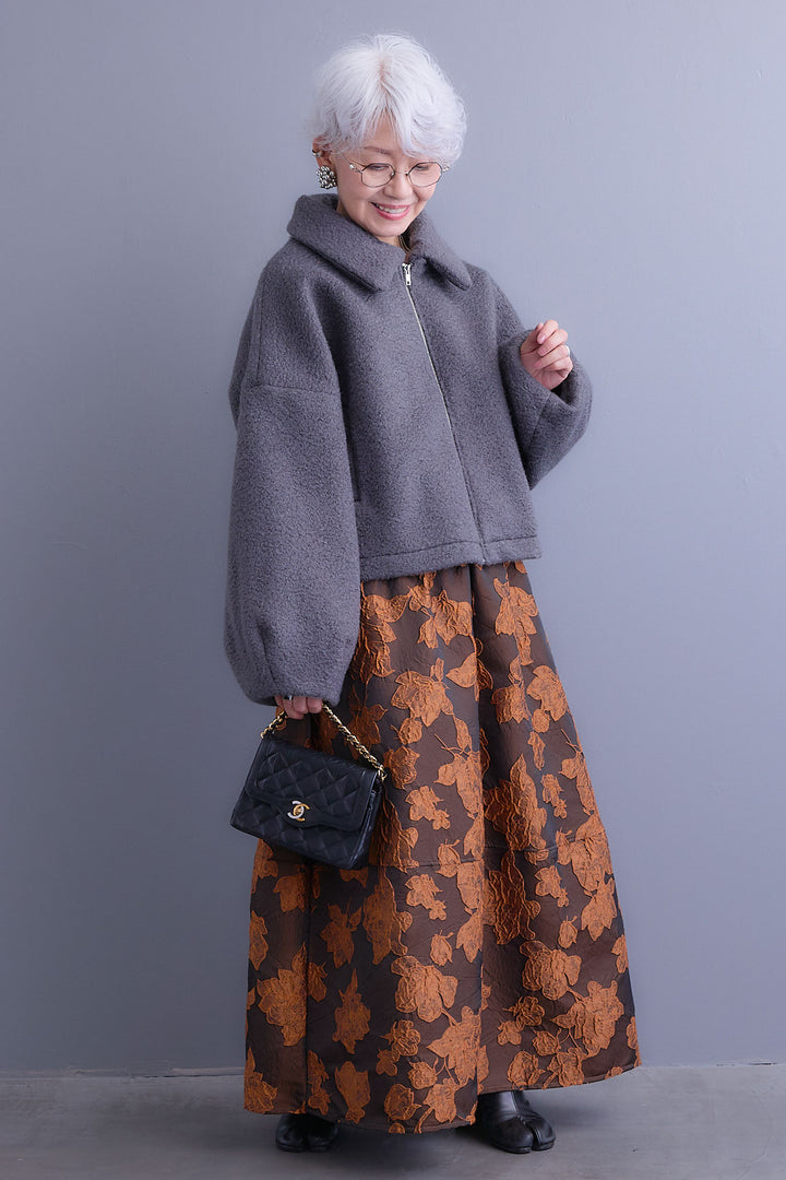 【SET】シープボアボリュームスリーブジャケット+ジャガードフラワースカート(2set)