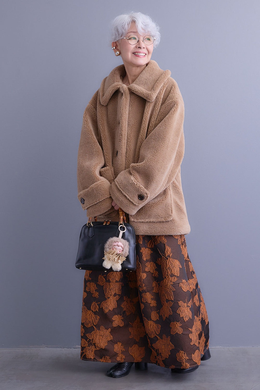 【SET】テディボアフラットカラーコート+ジャガードフラワースカート(2set)