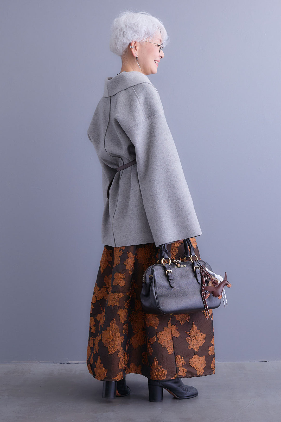 【SET】メルトンソフトショールカラーコート【ベルト付き】+ジャガードフラワースカート(2set)