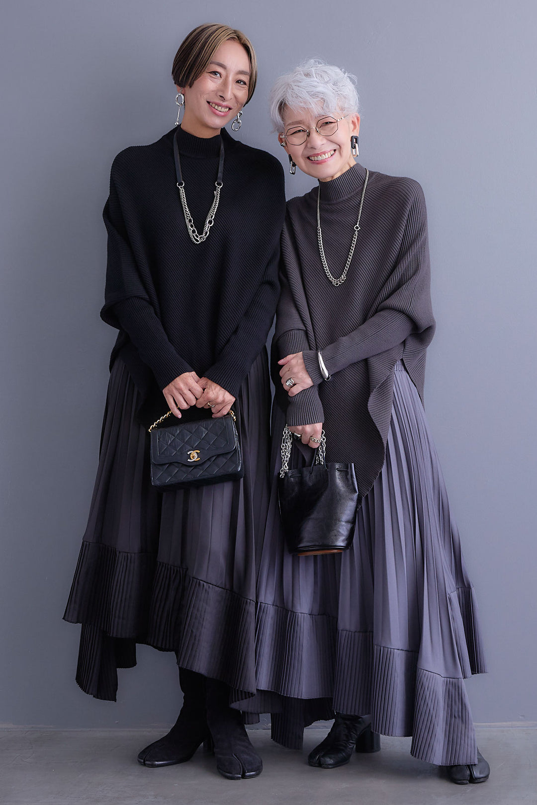 【SET】アシンメトリーオーバーニット+オーバーカラーファーコート+アシンメトリープリーツスカート(3set)