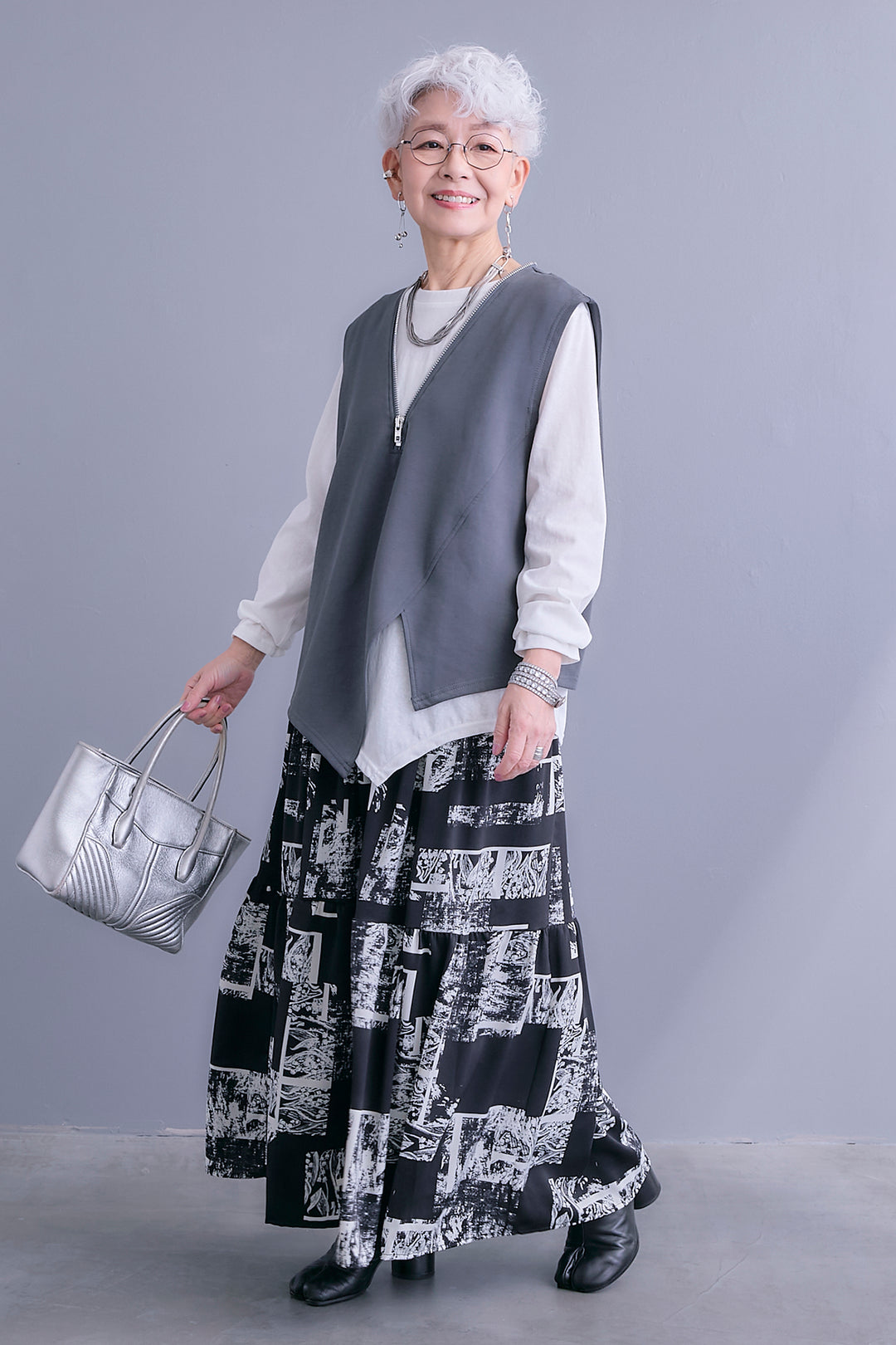 【SET】ZIPオープンVネックベスト+アシメロンT+スズランモノトーンフレアスカート(2set)