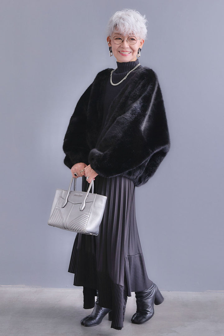 【SET】ボリュームスリーブハイネックリラクシーニット+ノーカラーラウンドシルエットファーコート+アシンメトリープリーツスカート(3set)